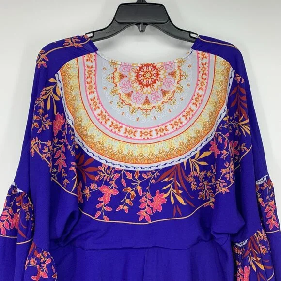 Umgee Top Blue V Neck Bell Sleeve Boho Medallion Printed - Picture 10 of 11